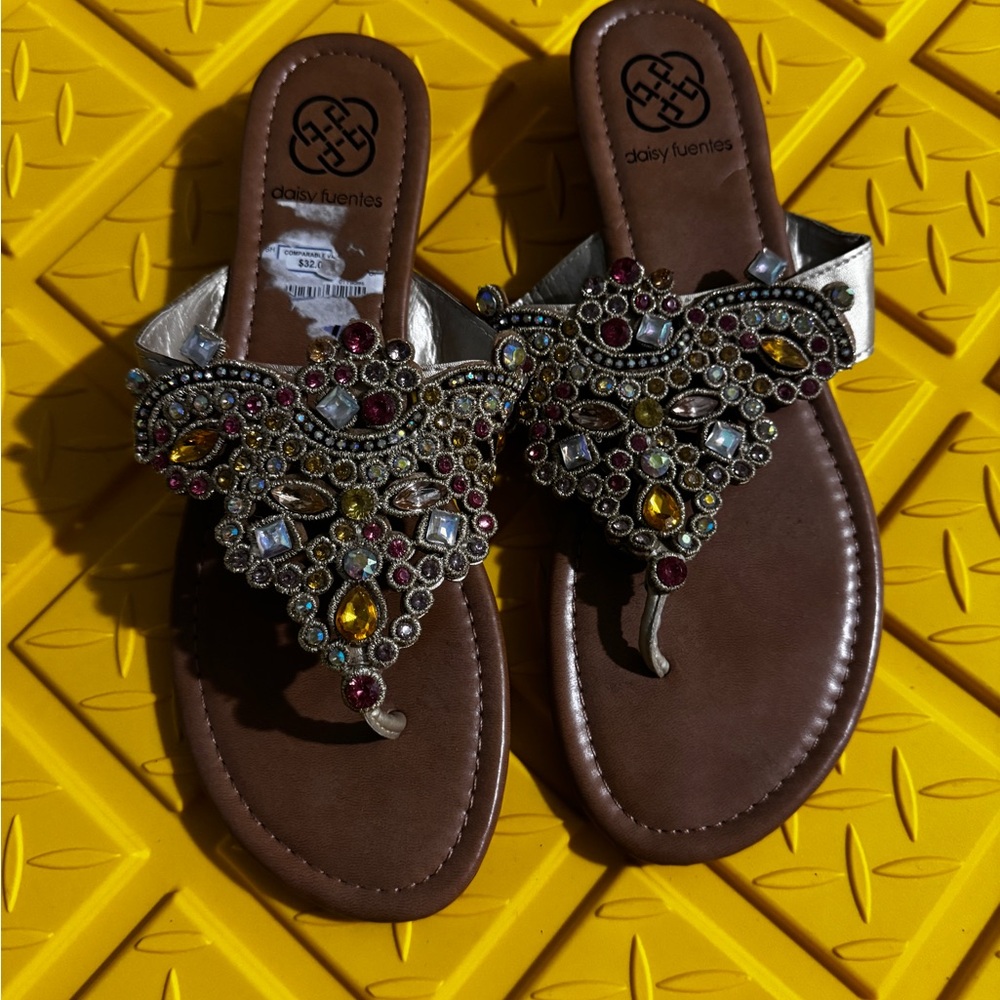 Daisy Fuentes Women's Jewel-Embellished Sandals - Silver and Brown